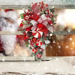 Christmas Garland Candy Flower Plant Upside Down Tree Wreath Xmas Upside Down Tree Garland Hanging Christmas Candy Bow Hanging Christmas Door Hanging Wall Decoration
