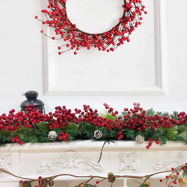 Christmas Garland Christmas Decorations Garland with Pine Cones Red Berries Bristle Pine Garland Xmas Decoration Indoor Outdoor Home Mantle Fireplace Holiday Decor Christmas