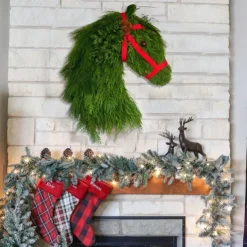 Christmas Horse Head Wreath Outdoor for Front Door Winter Wreath Window Decoration Garland Simulation Green Plants Durable Green Front Door Hanging