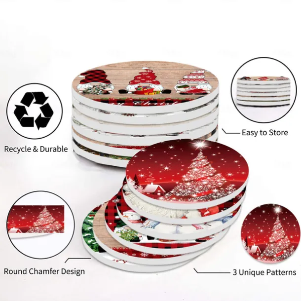 Christmas Round Coasters for Drinks Set of 4,Marble Blue Ocean Style Absorbent Ceramic Coasters with Cork Base,No Scratched and Soiled