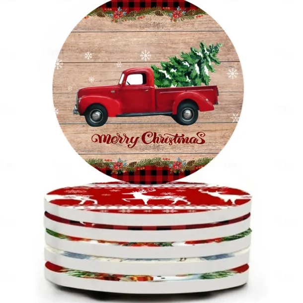 Christmas Round Coasters for Drinks Set of 4,Marble Blue Ocean Style Absorbent Ceramic Coasters with Cork Base,No Scratched and Soiled