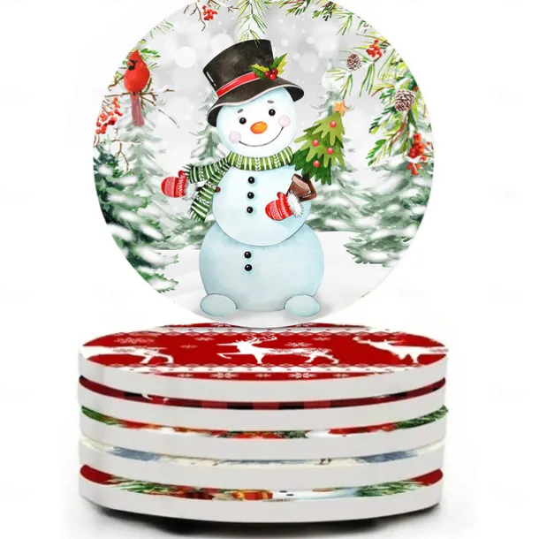 Christmas Round Coasters for Drinks Set of 4,Marble Blue Ocean Style Absorbent Ceramic Coasters with Cork Base,No Scratched and Soiled