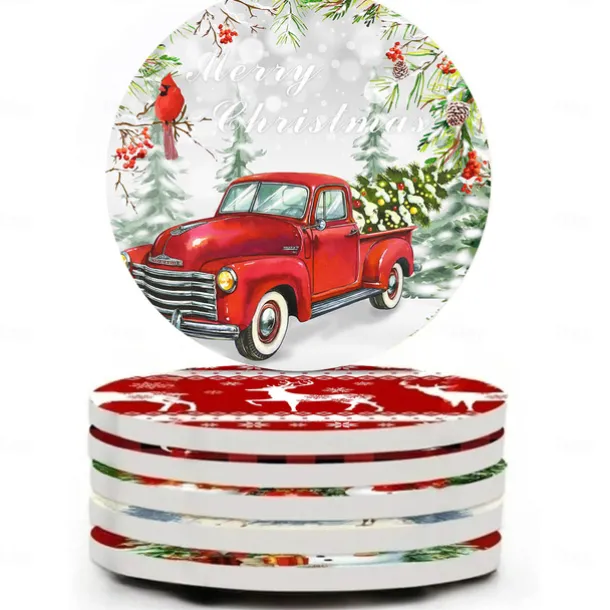 Christmas Round Coasters for Drinks Set of 4,Marble Blue Ocean Style Absorbent Ceramic Coasters with Cork Base,No Scratched and Soiled