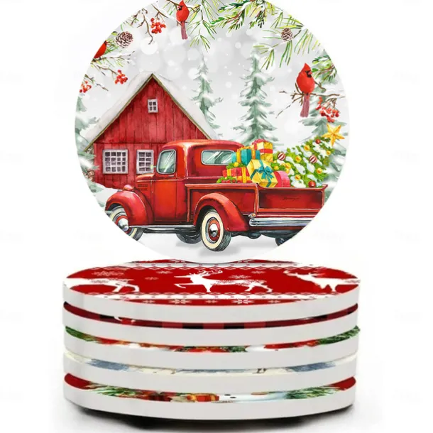 Christmas Round Coasters for Drinks Set of 4,Marble Blue Ocean Style Absorbent Ceramic Coasters with Cork Base,No Scratched and Soiled