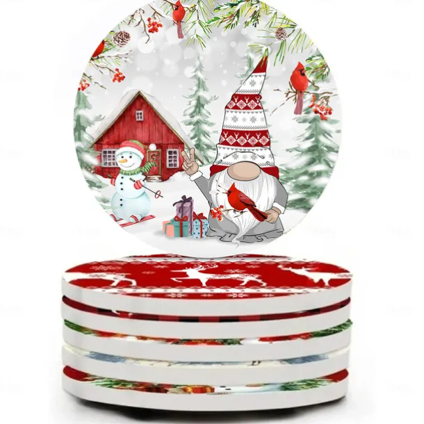 Christmas Round Coasters for Drinks Set of 4,Marble Blue Ocean Style Absorbent Ceramic Coasters with Cork Base,No Scratched and Soiled