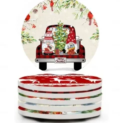 Christmas Round Coasters for Drinks Set of 4,Marble Blue Ocean Style Absorbent Ceramic Coasters with Cork Base,No Scratched and Soiled