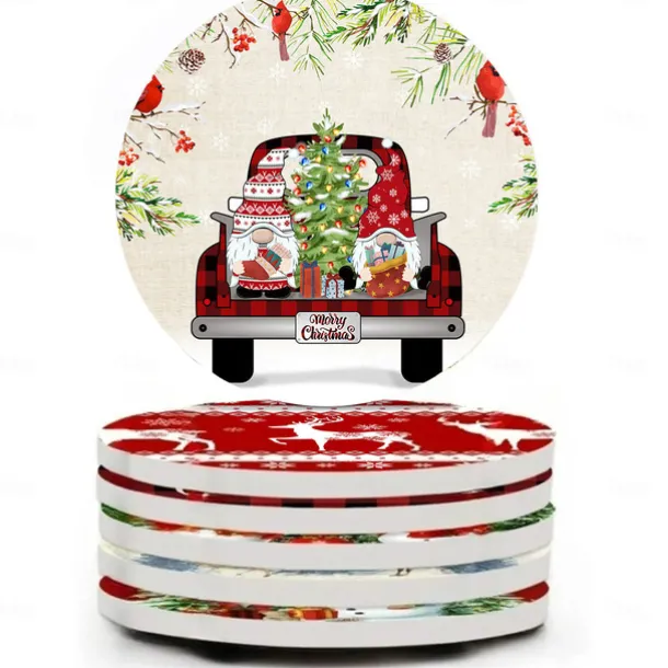 Christmas Round Coasters for Drinks Set of 4,Marble Blue Ocean Style Absorbent Ceramic Coasters with Cork Base,No Scratched and Soiled