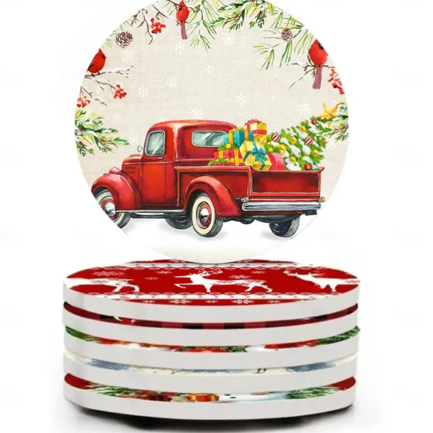 Christmas Round Coasters for Drinks Set of 4,Marble Blue Ocean Style Absorbent Ceramic Coasters with Cork Base,No Scratched and Soiled