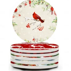 Christmas Round Coasters for Drinks Set of 4,Marble Blue Ocean Style Absorbent Ceramic Coasters with Cork Base,No Scratched and Soiled