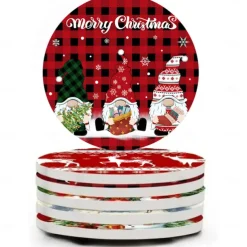 Christmas Round Coasters for Drinks Set of 4,Marble Blue Ocean Style Absorbent Ceramic Coasters with Cork Base,No Scratched and Soiled