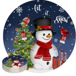 Christmas Round Coasters for Drinks Set of 4,Marble Blue Ocean Style Absorbent Ceramic Coasters with Cork Base,No Scratched and Soiled