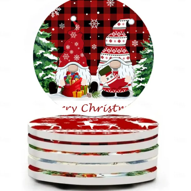 Christmas Round Coasters for Drinks Set of 4,Marble Blue Ocean Style Absorbent Ceramic Coasters with Cork Base,No Scratched and Soiled