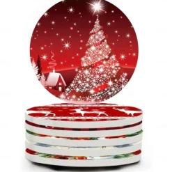 Christmas Round Coasters for Drinks Set of 4,Marble Blue Ocean Style Absorbent Ceramic Coasters with Cork Base,No Scratched and Soiled