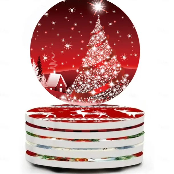 Christmas Round Coasters for Drinks Set of 4,Marble Blue Ocean Style Absorbent Ceramic Coasters with Cork Base,No Scratched and Soiled