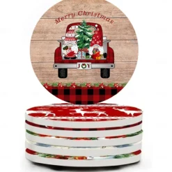 Christmas Round Coasters for Drinks Set of 4,Marble Blue Ocean Style Absorbent Ceramic Coasters with Cork Base,No Scratched and Soiled