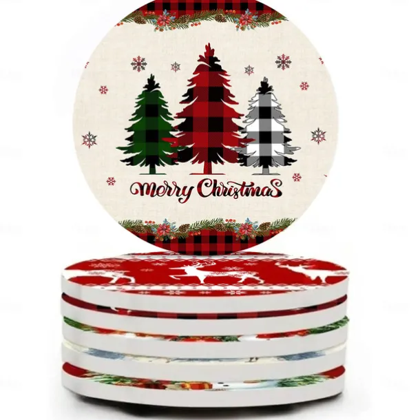 Christmas Round Coasters for Drinks Set of 4,Marble Blue Ocean Style Absorbent Ceramic Coasters with Cork Base,No Scratched and Soiled