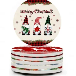 Christmas Round Coasters for Drinks Set of 4,Marble Blue Ocean Style Absorbent Ceramic Coasters with Cork Base,No Scratched and Soiled