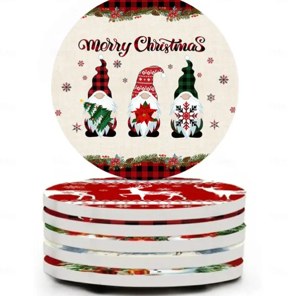 Christmas Round Coasters for Drinks Set of 4,Marble Blue Ocean Style Absorbent Ceramic Coasters with Cork Base,No Scratched and Soiled