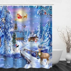 Christmas Shower Curtain Bathroom and Hook Rainbow Classic Polyester Cute Bathroom Decorations Spectacular Scene Snowman Santa Claus Elk Tree