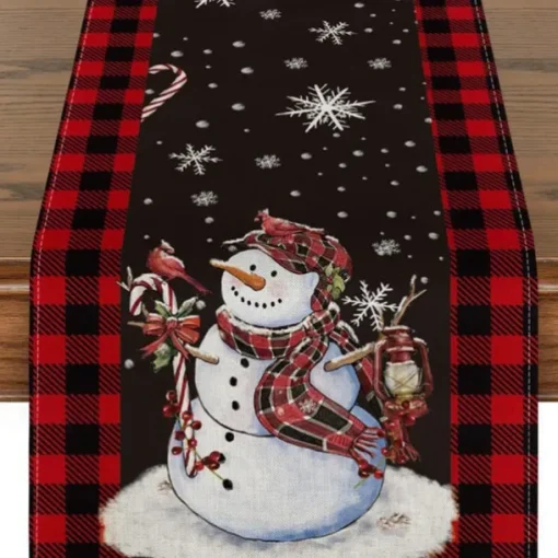 Christmas Snowman Merry Table Runner, Seasonal Winter Holiday Kitchen Dining Table Decoration for Indoor Outdoor Home Party Decor Decoration