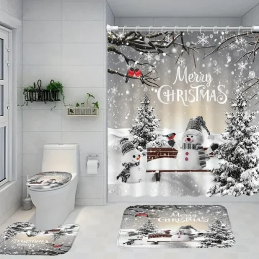 Christmas Snowman Shower Curtain, Waterproof Curtain Set With 12 Hooks, Xmas Bathroom Accessories, Christmas Decor