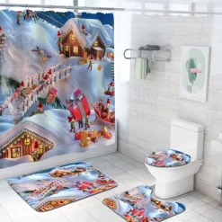 Christmas Snowman Shower Curtain, Waterproof Curtain Set With 12 Hooks, Xmas Bathroom Accessories, Christmas Decor