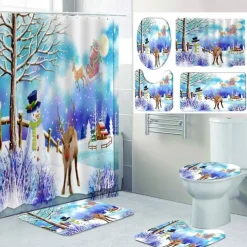 Christmas Snowy Pattern Printing Bathroom Shower Curtain Leisure Toilet Four-Piece Design