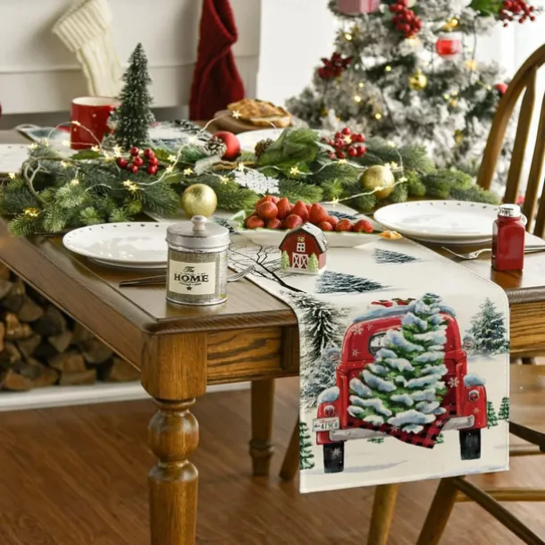 Christmas Table Runner, Seasonal Winter Holiday Farmhouse Style Table Decoration