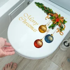 Christmas Wreath Christmas Ball Pattern Sticker, Toilet Lid Decorative Sticker, Toilet Lid Decal, Toilet Cover Sticker, Restroom Renovation Removable Stickers