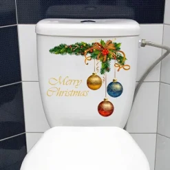 Christmas Wreath Christmas Ball Pattern Sticker, Toilet Lid Decorative Sticker, Toilet Lid Decal, Toilet Cover Sticker, Restroom Renovation Removable Stickers