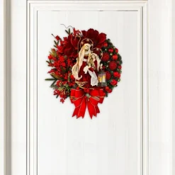 Christmas Wreath Outdoor for Front Door with LED Lights Jesus Nativity Scene Winter Wreath Window Wall Decoration Artificial Braided Front Door Decor