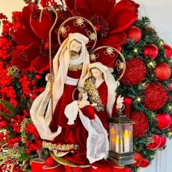 Christmas Wreath Outdoor for Front Door with LED Lights Jesus Nativity Scene Winter Wreath Window Wall Decoration Artificial Braided Front Door Decor