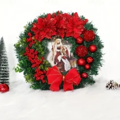 Christmas Wreath Outdoor for Front Door with LED Lights Jesus Nativity Scene Winter Wreath Window Wall Decoration Artificial Braided Front Door Decor