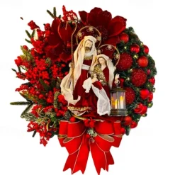Christmas Wreath Outdoor for Front Door with LED Lights Jesus Nativity Scene Winter Wreath Window Wall Decoration Artificial Braided Front Door Decor