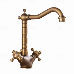 Classic Utility Sink Laundry Faucet, Centerset High Arc Two Handles One Hole Wash Basin Tap with Hot and Cold Water Hoses, Laundry Tub Pot Filler Commercial Faucet in Antique Brass with Ceramic Valve