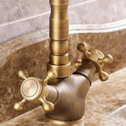 Classic Utility Sink Laundry Faucet, Centerset High Arc Two Handles One Hole Wash Basin Tap with Hot and Cold Water Hoses, Laundry Tub Pot Filler Commercial Faucet in Antique Brass with Ceramic Valve