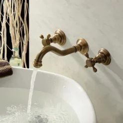 Classic Utility Sink Laundry Faucet, Wall Mount Two Handles Three Holes Wash Basin Tap with Hot and Cold Water Hoses, Laundry Tub Pot Filler Commercial Faucet in Oil Rubbed Bronze Antique Copper