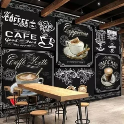Coffee Cafe Mural Wallpaper Wall Sticker Covering Print Peel and Stick Self Adhesive Removable for Coffee Cafe Blackboard Canvas Home Décor Multiple Size