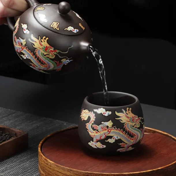 Color-Changing Teapot Set Dragon & Phoenix Zisha Chinese Loong Gift - Heat Sensitive Kung Fu Tea Set with Teapot and Cups, Business Gift