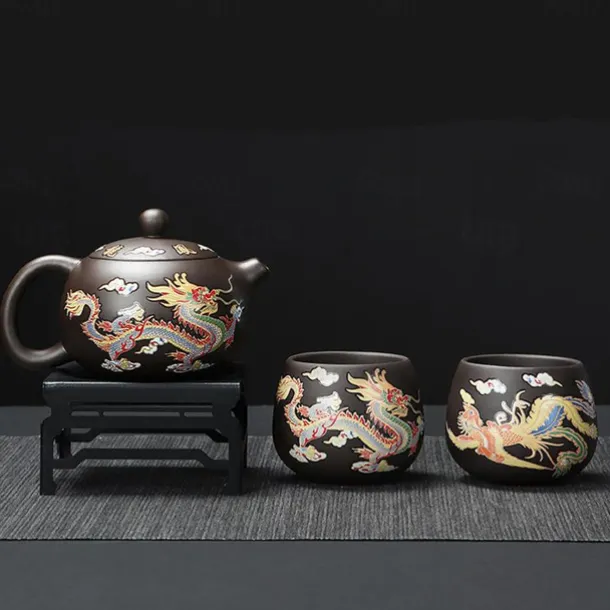 Color-Changing Teapot Set Dragon & Phoenix Zisha Chinese Loong Gift - Heat Sensitive Kung Fu Tea Set with Teapot and Cups, Business Gift