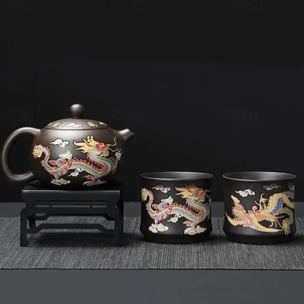 Color-Changing Teapot Set Dragon & Phoenix Zisha Chinese Loong Gift - Heat Sensitive Kung Fu Tea Set with Teapot and Cups, Business Gift