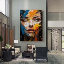 Colorful abstract facial oil painting handmade textured face of girl painting figurative wall art pattle knife girl Oil painting wall decorative painting room art