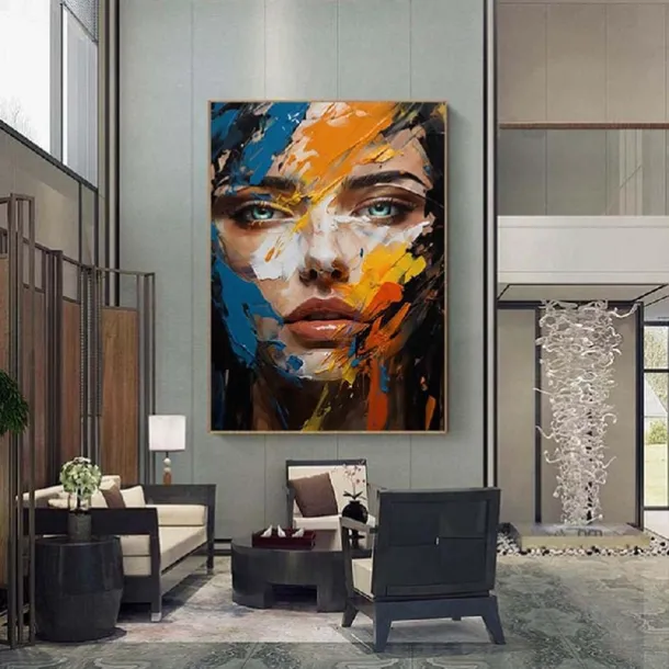 Colorful abstract facial oil painting handmade textured face of girl painting figurative wall art pattle knife girl Oil painting wall decorative painting room art