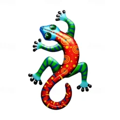 Colorful Metal Gecko Decor Wall Sculptures Ornaments Garden Art for Patio Porch Fence Backyard Outdoor Lucky Hanging Decoration