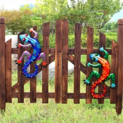 Colorful Metal Gecko Decor Wall Sculptures Ornaments Garden Art for Patio Porch Fence Backyard Outdoor Lucky Hanging Decoration