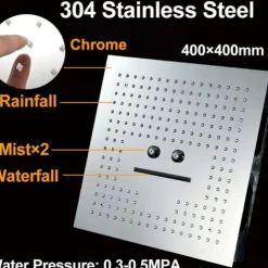 Concealed Rainfall Shower Head 400*400mm LED Light, 16 Inch Ceiling Rainfall Showerhead 304 Stainless Steel, Rain Shower 3 Functions Led Showerhead Square Spa Waterfall Showers Panel