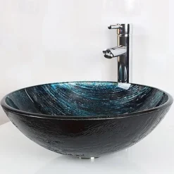 Contemporary Bathroom Sink Set,Tempered Glass Round Sink,Chrome Zinc Alloy Mounting Ring,Brass Bathroom Faucet