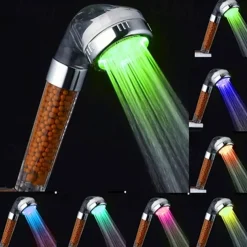 Contemporary LED Hand Shower,Wall Mounted Electroplated Feature Color Gradient Shower Temperature Control Jet+Rainfall Shower