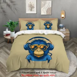 Cool Earphones Monkey Printed 3-Piece Down Duvet Set Hotel Bedroom Room Luxury Bedding Comfortable Set 1 Down Duvet Set 2 Pillowcase Queen Bed Set 2 Piece Set 3 Piece Set Intimate Grinding Soft Short