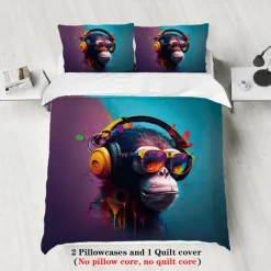 Cool Earphones Monkey Printed 3-Piece Down Duvet Set Hotel Bedroom Room Luxury Bedding Comfortable Set 1 Down Duvet Set 2 Pillowcase Queen Bed Set 2 Piece Set 3 Piece Set Intimate Grinding Soft Short